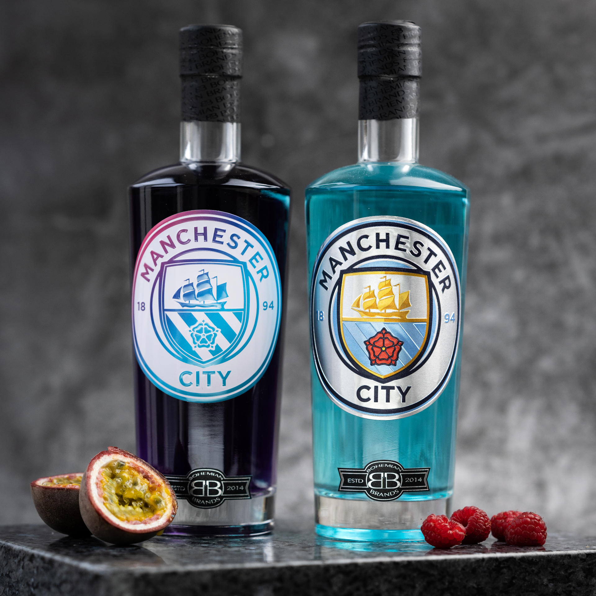 Manchester City FC flavoured vodka pair - passionfruit and raspberry editions